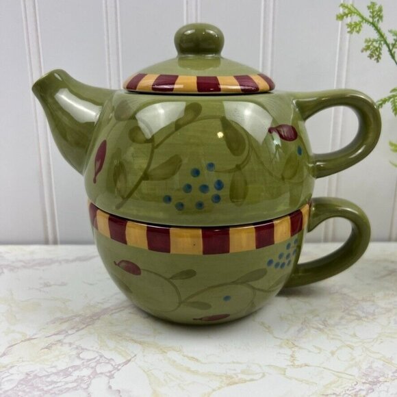 2002 Olivia Green Floral Design Stackable Teapot With Cup Stoneware 8 Oz - Picture 1 of 11
